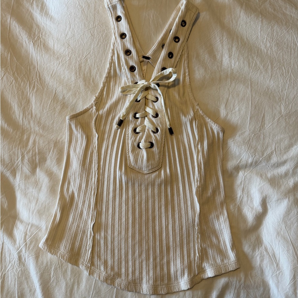 Cream Lace-Up Ribbed Free People Tank Top small